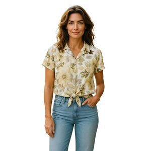 Rachel Zoe Short Sleeve Blouse Tie Front Tropical Floral size Large